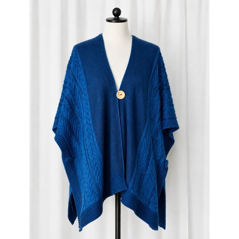 Simply Natural Trenza Capa Baby Alpaca Wool Blue Cable Knit Sweater Cape Poncho